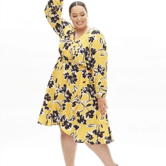 Lane Bryant Yellow and Black Floral Long Sleeve Dress - Picture 1 of 4